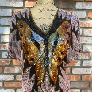 Vintage beaded top with large sequin butterfly
